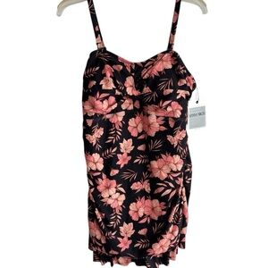 Hanna Nikole Tankini Top Swimdress Plus Size 16W Black Pink Floral Slimming NEW